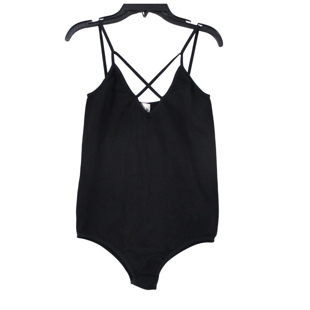 Prime Cut Womens Black Strappy V-Neck Bodysuit Double Crossover Straps S/M